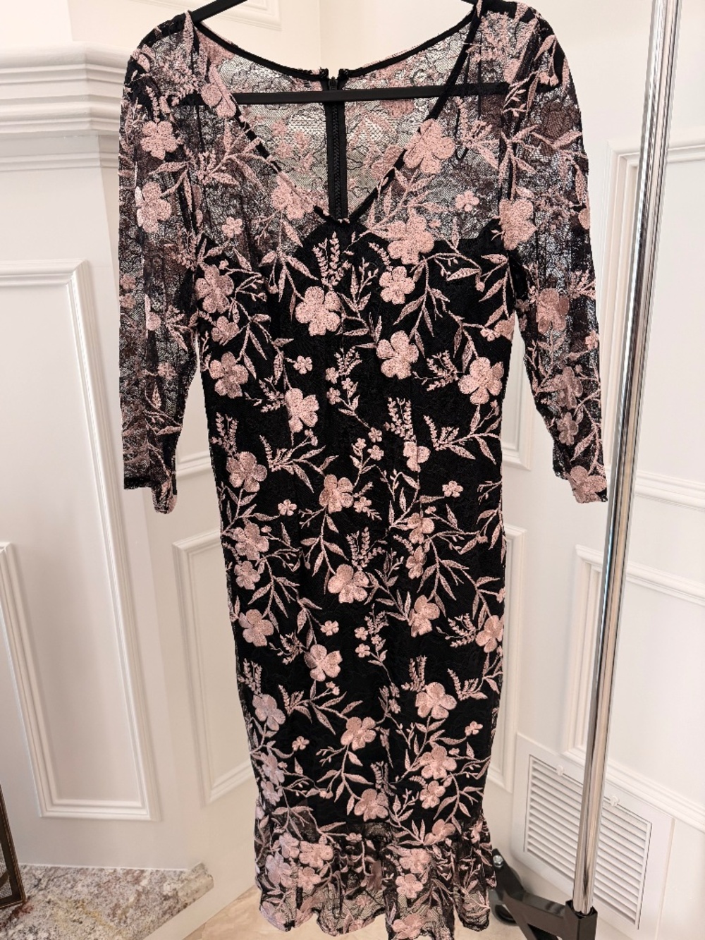 Alex Evenings Black Blush Floral Embroidered Lace Dress Size 14